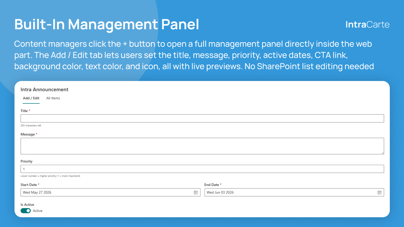 Intra Announcement – built-in management panel